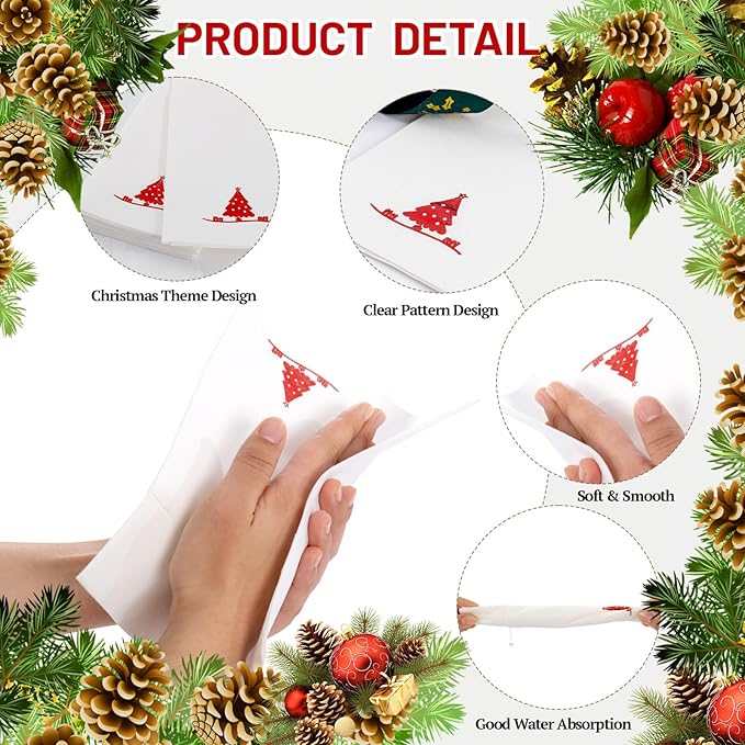 100PCS Christmas Paper Napkins - Red Christmas Tree Napkin with Built-in Flatware Pocket Prefolded Cloth-Like - Heavy-duty Linen-Feel Dinner Napkins Disposable for Xmas Events Tableware Decor