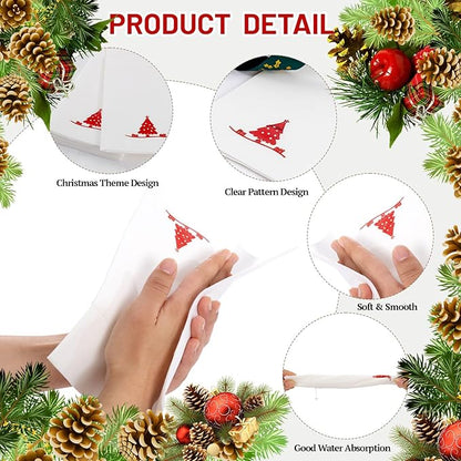 100PCS Christmas Paper Napkins - Red Christmas Tree Napkin with Built-in Flatware Pocket Prefolded Cloth-Like - Heavy-duty Linen-Feel Dinner Napkins Disposable for Xmas Events Tableware Decor