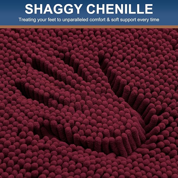 Smiry Luxury Chenille Bathroom Rugs 71x47, Extra Soft and Absorbent Shaggy Bath Mat, Machine Washable, Non-Slip Plush Carpet Runner for Tub, Shower, and Floor, Home Decor Accessories, Burgundy