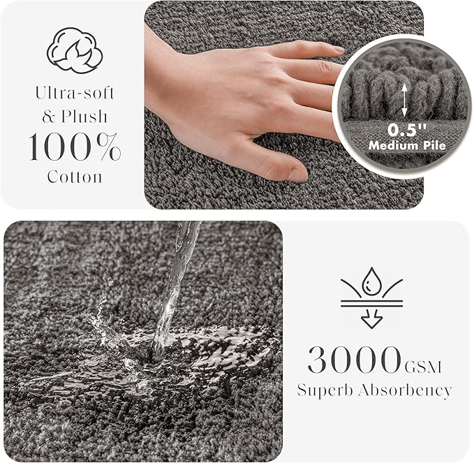Madison Park Splendor Reversible 100% Cotton Tufted Bathroom Rug-3000 GSM Hotel Quality Luxurious Plush Medium Pile Bath Mat Absorbent, Quick Dry, Shower Room Décor, 24x72, Charcoal