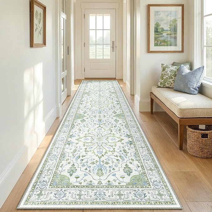 Area Rugs 2'x8' Runner Rug Non Slip Washable for Kitchen Hallway Bedroom Beside Laundry Room Bathroom Rug, Floor Carpet, Green White Blue