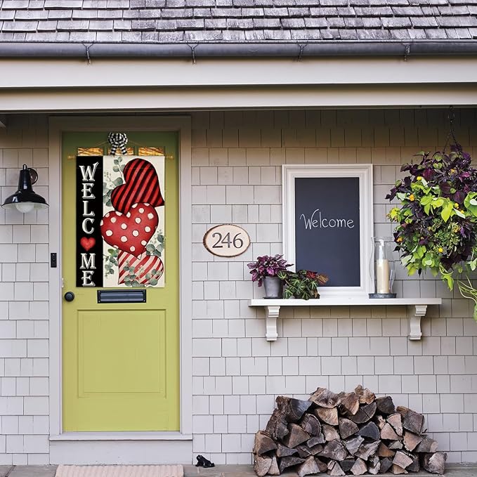 AVOIN colorlife Valentines Day Welcome House Flag 28x40 Inch Outside Double Sided, Anniversary Love Heart Rustic Yard Outdoor Decoration