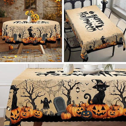 Eikione Rectangular Tablecloth 140x180inch, Halloween Pumpkin Bat Tablecloth Waterproof and Wrinkle-Free, Table Covers, Summer Decorations for Home Dining