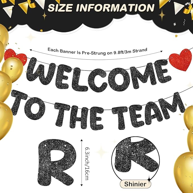 Fulmoon Pre Strung Welcome to The Team Banner with Two Heart Signs, NO DIY, Glitter Welcome Party Supplies for New Employee, Coworker, Colleague, Staff, Team Member Office Decorations(Black)