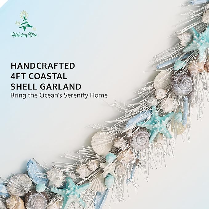 HOLIDAY TREE Handcrafted 48" Shell Coastal Christmas Garland – Beach Christmas Decor for Home, Staircase, Wall, Hallway & More | Summer Coastal Style Holiday Garland