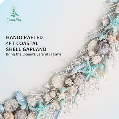 HOLIDAY TREE Handcrafted 48" Shell Coastal Christmas Garland – Beach Christmas Decor for Home, Staircase, Wall, Hallway & More | Summer Coastal Style Holiday Garland