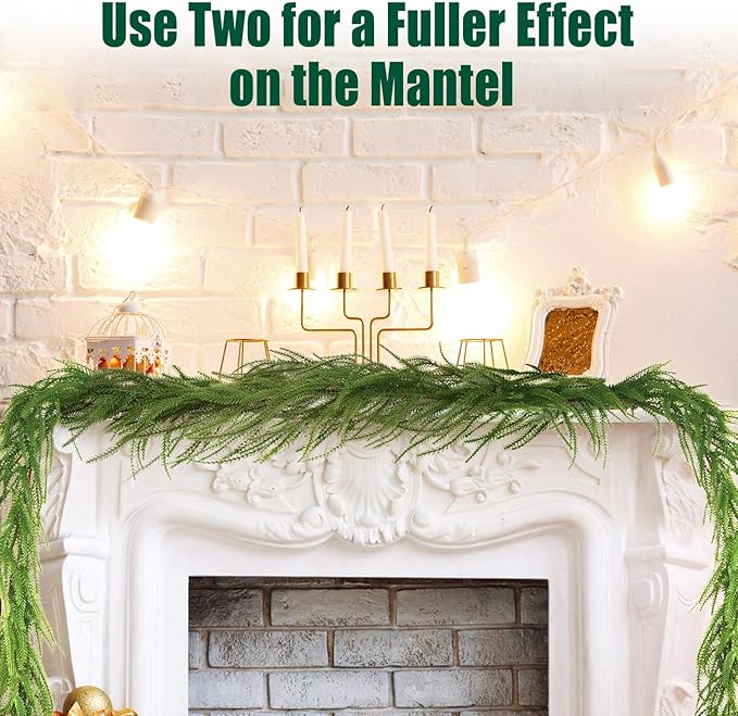2 Pcs 6Ft Garland Christmas Decorations Norfolk Pine Garland Real Touch Winter Pine Garlands, Green Artificial Faux Greenery Garlands for Table, Mantle, Wall, Outdoor Home Decor Xmas Holiday Seasonal