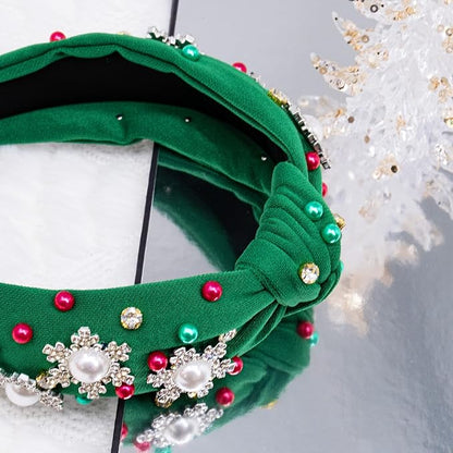 pVq Christmas Headband for Women Knotted Headband with Christmas Tree Crystal Pearl Snowflake Ribbon Xmas Holiday Hairband (Snowflakes - Green, One Size)