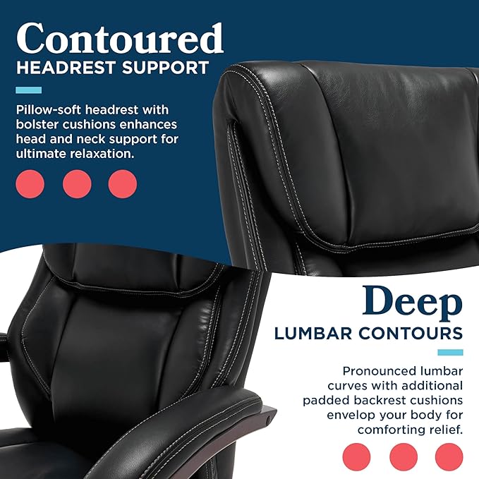 La-Z-Boy® Bellamy Executive Office Chair with Memory Foam Cushions, Real Wood Arms and Swivel Base, Waterfall Seat Edge, Faux Bonded Leather, Black