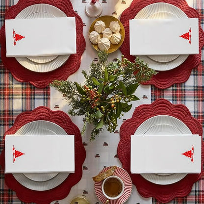 100PCS Christmas Paper Napkins - Red Christmas Tree Napkin with Built-in Flatware Pocket Prefolded Cloth-Like - Heavy-duty Linen-Feel Dinner Napkins Disposable for Xmas Events Tableware Decor