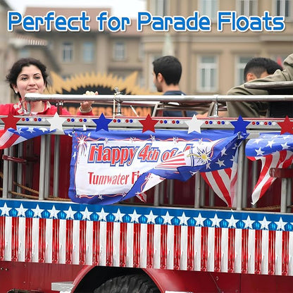 4th of July Decorations 2 Packs 39FT Patriotic Foil Fringe Garland,1 Pack 4.2FT Wooden Bead Garland, Red White Blue Patriotic Metallic Tinsel American Flag Banner of Halloween Party Independence Day