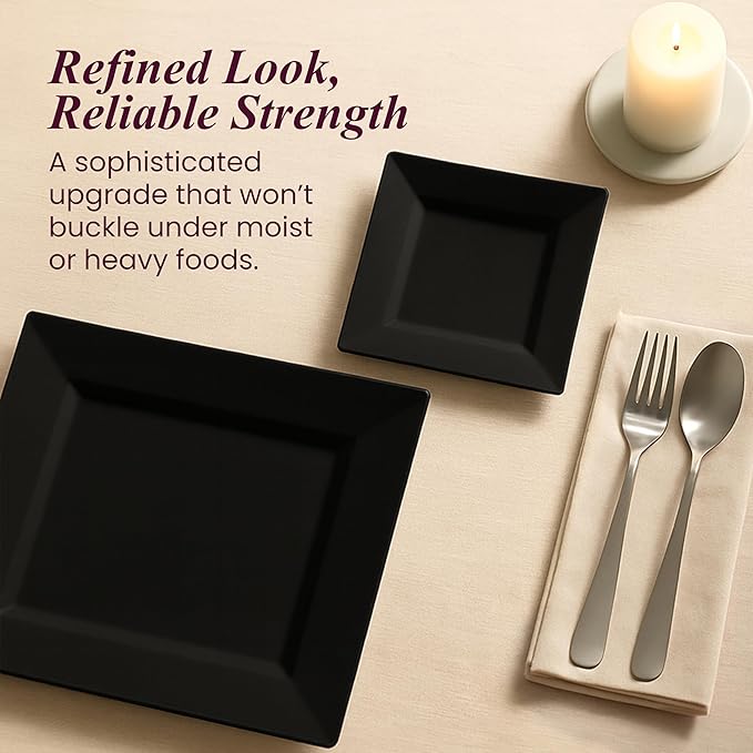Aya's Square Plastic Plates - 6.5"/9.5" Black Disposable Plates for Party - Heavy-Duty Reusable Food Grade Plastic - 60 Count - Thick and Durable to Prevent Breaking - Ideal for Events and Gatherings