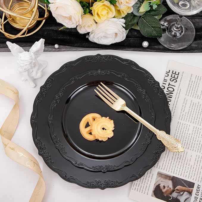 U-QE 100PCS Black Plastic Plates, Heavy Duty Black Disposable Plates Including 50PCS 10'' Dinner Plates & 50PCS 7.5'' Dessert Plate - Hard Plastic Plate for Party Wedding Bridal Shower