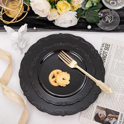 U-QE 100PCS Black Plastic Plates, Heavy Duty Black Disposable Plates Including 50PCS 10'' Dinner Plates & 50PCS 7.5'' Dessert Plate - Hard Plastic Plate for Party Wedding Bridal Shower