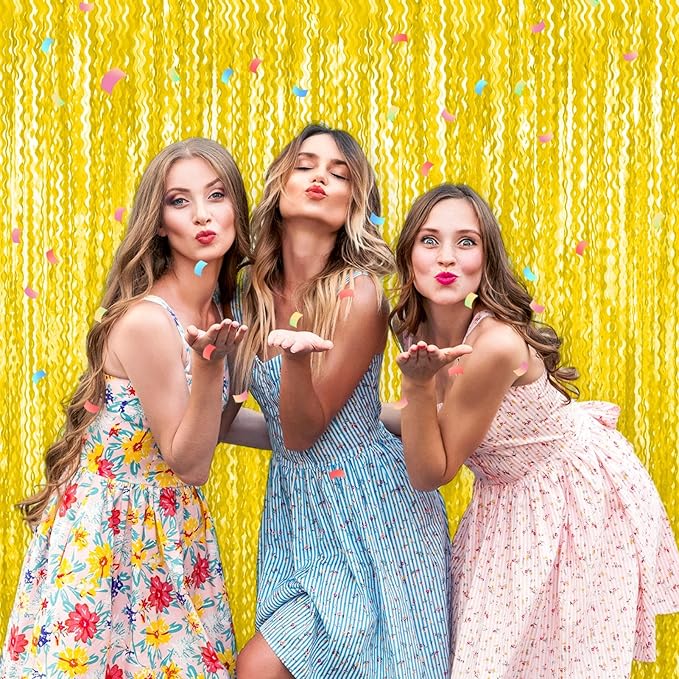4 Pack Macaron Yellow Fringe Curtain Backdrop 3.2Ft x 8.2Ft Metallic Tinsel Foil Fringe Streamers Background for Photo Booth Mother's Day, Easter, Carnival, Birthday, Wedding Party Decoration
