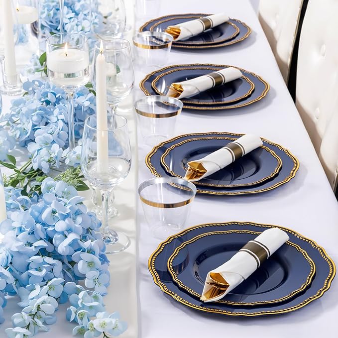 Hioasis 175pcs Blue Gold Plastic Plates - Gold Plastic Dinnerware Set Includes 25 Dinner Plates, 25 Dessert Dinnerware, 25 Cups, 25 Napkins Perfect for Christmas & Party