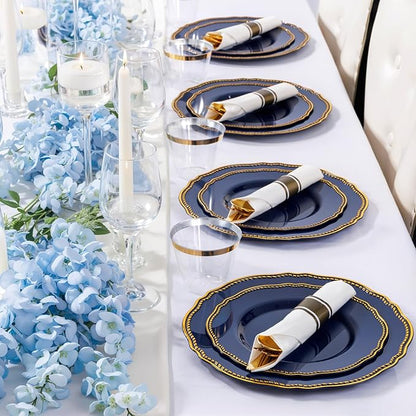Hioasis 175pcs Blue Gold Plastic Plates - Gold Plastic Dinnerware Set Includes 25 Dinner Plates, 25 Dessert Dinnerware, 25 Cups, 25 Napkins Perfect for Christmas & Party