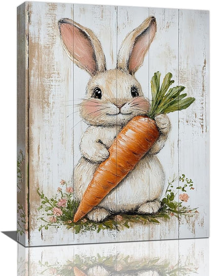 Rabbit Wall Art, Easter Bunny Pictures Wall Decor, Farmhouse Rabbit Carrot Canvas Prints, Rustic Cute Animal Painting Framed Artwork for Bathroom Living Room Bedroom Office Dining Room 24"X16"