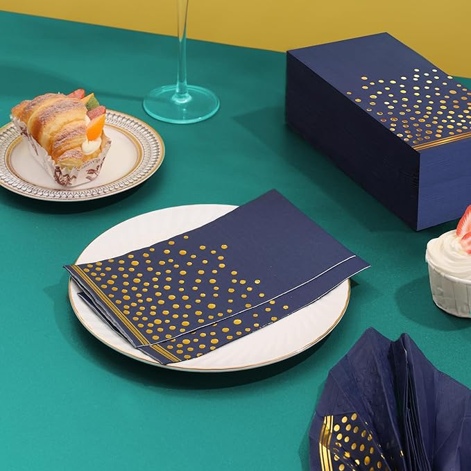100 Pcs Blue Paper Napkins Disposable - Blue Gold Dot Party Napkins Navy Blue Dinner Napkins for Wedding Anniversary Birthday Bathroom Party Supplies