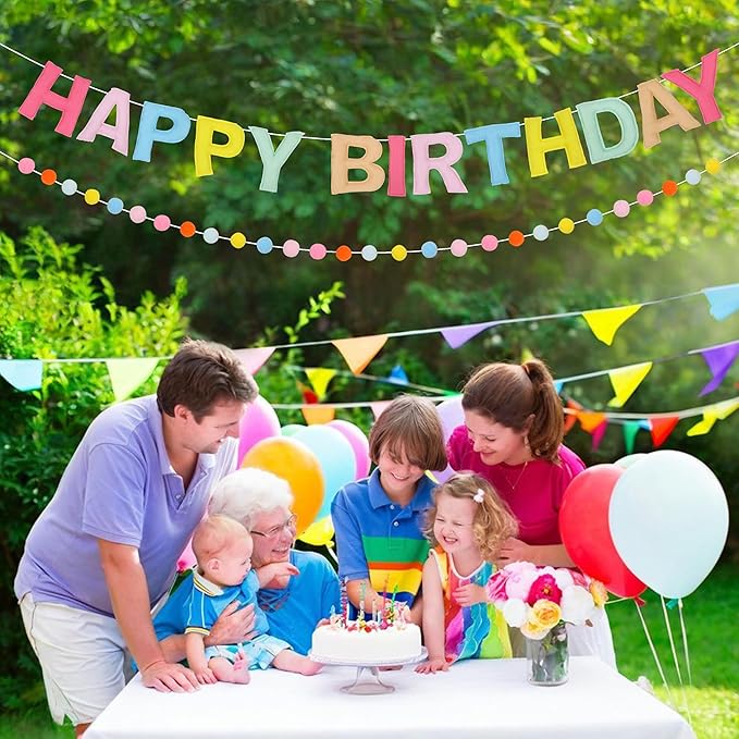 2 PCS Pre-Strung 3D Felt Happy Birthday Banner - Reusable Macaron Happy Birthday Decorations Sign, Felt Ball Garland, Pom Pom Garland, Party Decor, Photo Prop