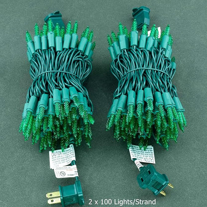 YULETIME Green Faceted LED Christmas Lights 200 Count 50 ft, Pack of 2 Strands 25 ft 100 Lights UL Certified Commercial Grade Green Wire Holiday String Light Set (Green)