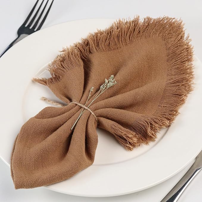 Handmade Cloth Napkins with Fringe,18 x 18 Inches Cotton Linen Napkins Set of 6 Versatile Handmade Square Rustic Fringe Napkins for Dinner, Wedding and Parties, Taupe