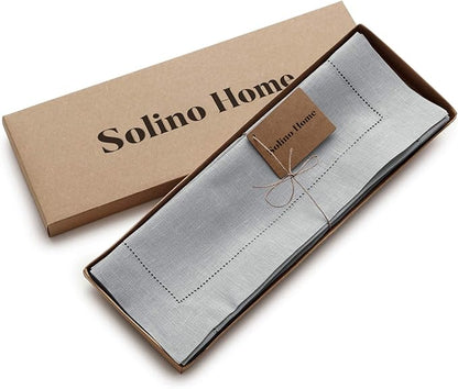 Solino Home Linen Placemats Set of 4 - Classic Hemstitch Soft Grey Placemats 14 x 19 Inch - 100% Pure Linen Table Mats for Fall, Autumn, Christmas, Winter, New Year