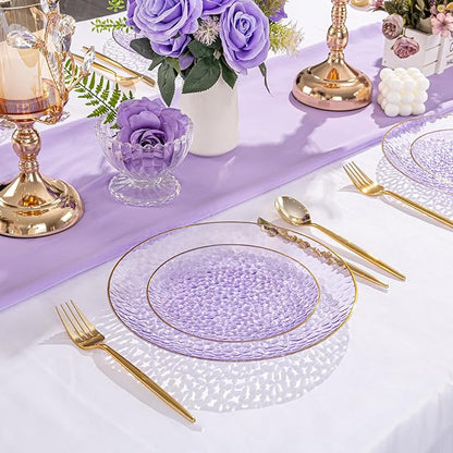 SUT 100Pcs Purple Plastic Plates, Hammered Plates Disposable Heavy Duty, Purple Disposable Plates With Gold Rim, Fancy Plastic plates Include 50 Dinner and 50 Dessert plate for Wedding
