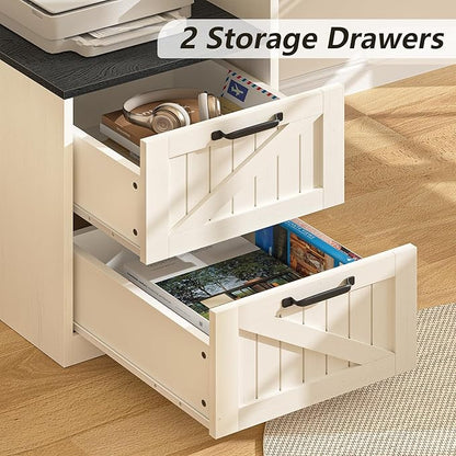 63" Farmhouse L Shaped Executive Desk with Drawers & Storage Shelf, Corner Computer Desk with Power Outlets, L Shaped Office Desk with Monitor Stand, Printer Shelf, Black and White