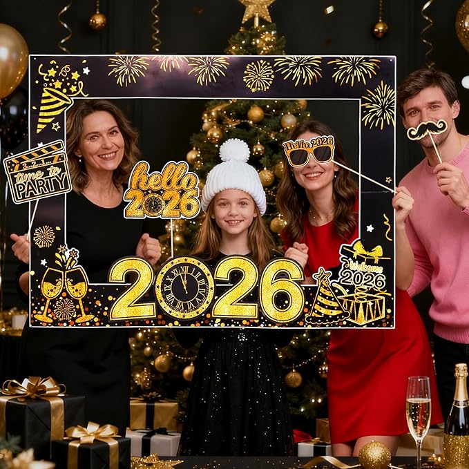 31 Pcs New Year Eve Photo Booth Props, Happy New Year 2026 New Years Decorations 2026, Black Gold Photo Booth Props Kit for New Years Eve Party Supplies 2026 Photo Props with Photo Frame Hats Glasses
