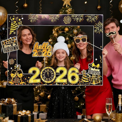 31 Pcs New Year Eve Photo Booth Props, Happy New Year 2026 New Years Decorations 2026, Black Gold Photo Booth Props Kit for New Years Eve Party Supplies 2026 Photo Props with Photo Frame Hats Glasses