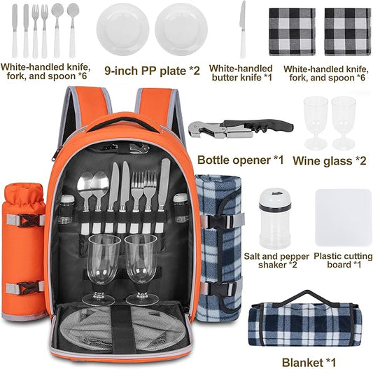 Picnic Backpack for 2 Persons with Insulated Leakproof Cooler Compartment, Cutlery Sets, Wine Holder, Fleece Blanket, Wedding Gifts for Couples, Perfect for Beach, Camping, Hiking, Orange
