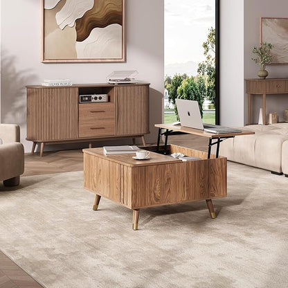 32" Square Lift Top Coffee Table with Storage,Mid Century Modern Walnut Center Table with Rising Desktop for Living Room, Brown Wood Finish