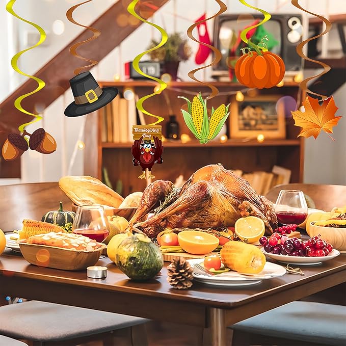 Fall Thanksgiving Hanging Swirls Decoration Autumn Harvest Hanging Foil Swirls Ceiling Decor for Thanksgiving Party Supplies Pumpkin Maple Leaf Turkey Ceiling Hanging 6Pcs