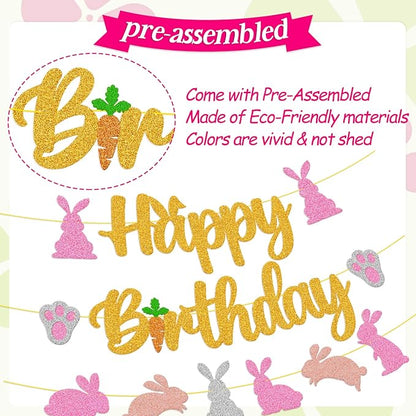 Bunny Birthday Banner Rabbit Bday Party Decorations Bunny Paw Ears Carrot Easter's Day Theme for Kids Boy Girl Baby Shower Party Supplies (Gold)
