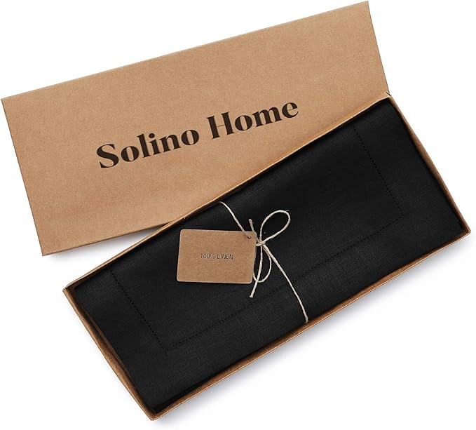 Solino Home Linen Black Table Runner 90 Inches Long - 100% Pure Linen Hemstitch 14 x 90 Inch Table Runner for Dining, Fall, Autumn, Holiday, Christmas, New Year - Classic Hemstitch