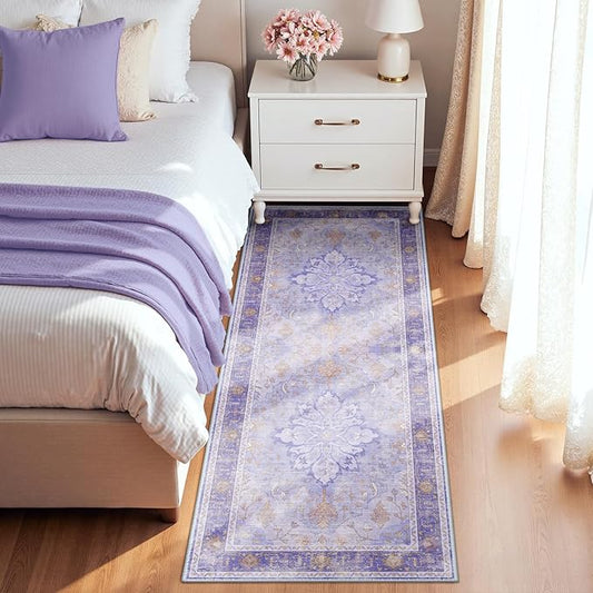 Area Rugs 2'x8' Runner Rug Non Slip Washable for Kitchen Hallway Bedroom Beside Laundry Room Bathroom Rug, Floor Carpet, Light Purple Brown