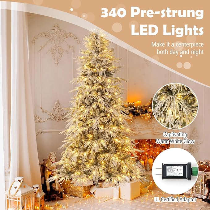 GOFLAME 7FT Pre-lit Artificial Christmas Tree, Snow Flocked Hinged Xmas Tree with 340 Warm White LED Lights, 820 Branch Tips and Folding Metal Stand, Holiday Decoration Tree for Home Party