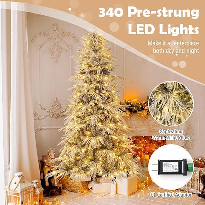 GOFLAME 7FT Pre-lit Artificial Christmas Tree, Snow Flocked Hinged Xmas Tree with 340 Warm White LED Lights, 820 Branch Tips and Folding Metal Stand, Holiday Decoration Tree for Home Party
