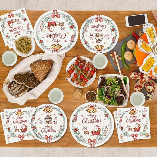 125PCS Christmas Party Paper Plates and Napkins Forks Cups Set for 20 Guests, Santa Claus Snowman Disposable Dinnerware Set Party Supplies (White)