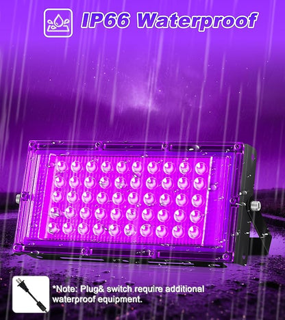 50W LED Black Light IP66 Waterproof,Outdoor Blacklight Flood Light with Plug+Switch+Cord, for Halloween Neon Glow in The Dark Party Body Paint Fluorescent Poster Classroom Club Dance Party, 2 Pack