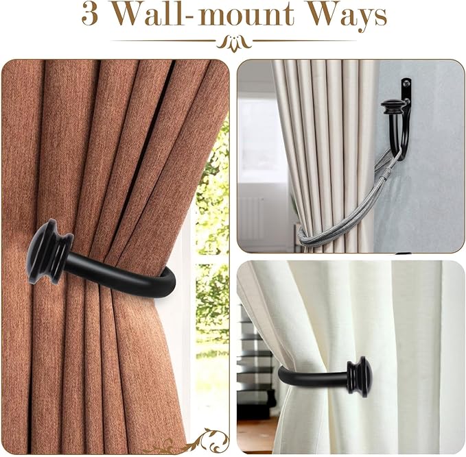 TONIAL Curtain Holdbacks 2 Pack, Decorative Window Drapery Tiebacks for Wall with Small Finials (1 Pair/2 Pack), Black