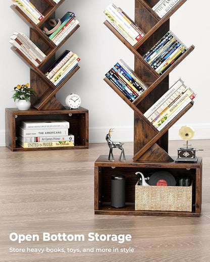 Evermagin Tree Bookshelf with Light, 6 Tier Small Bookcase, Narrow Floor Standing Book Tower Organizer with Storage Cabinet for Living Room, Bedroom and Home Office, Rustic Brown