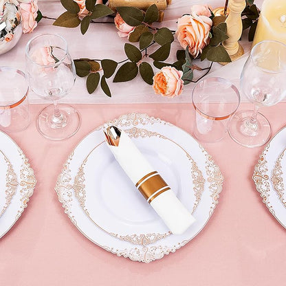 Hioasis 350pcs Rose Gold Plastic Plates - Elegant Disposable Dinnerware Set Suitable for 50 Guests Include 10.25" Dinner & 7.5" Dessert Plates, Pre Rolled Silverware Set, Cups for Party & Thanksgiving