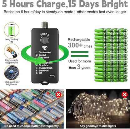 HXWEIYE Rechargeable Fairy Lights with Remote, 2 Pack 33ft 100LED Twinkle Lights with DIY Timer & Light Sensor, Waterproof Outdoor String Lights for Bedroom Patio Christmas Tree Decor, White