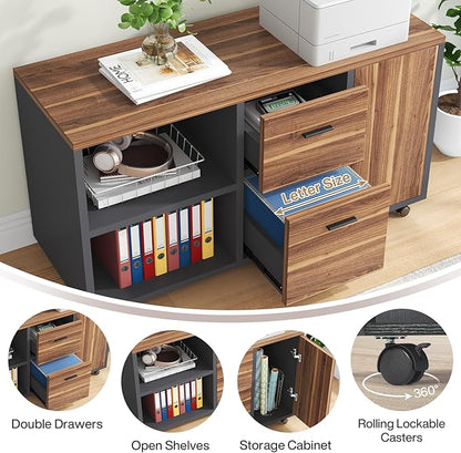 Tribesigns 71 inch Executive Desk, L-Shaped Desk with Mobile File Cabinet, Executive Office Table with 2 Drawers and Storage Shelves, Business Furniture Workstation for Home Office, Walnut and Black