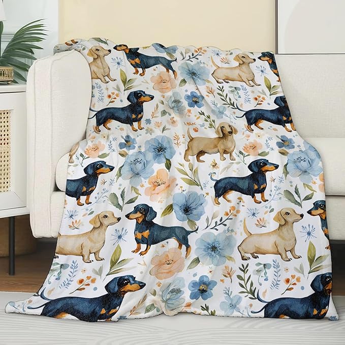 Cute Dachshund Floral Blanket,Funny Dog and Colorful Flower Blankts,Gifts for Kids Puppy Lovers,Home Dorm Cabin Pet Area Picnic and Travel Decor, Soft Cozy Lightweight Flannel Throw,50"x60"