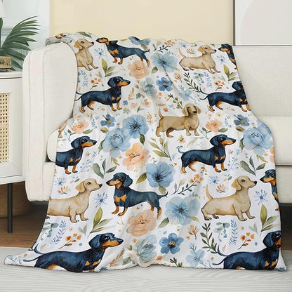 Cute Dachshund Floral Blanket,Funny Dog and Colorful Flower Blankts,Gifts for Kids Puppy Lovers,Home Dorm Cabin Pet Area Picnic and Travel Decor, Soft Cozy Lightweight Flannel Throw,50"x60"
