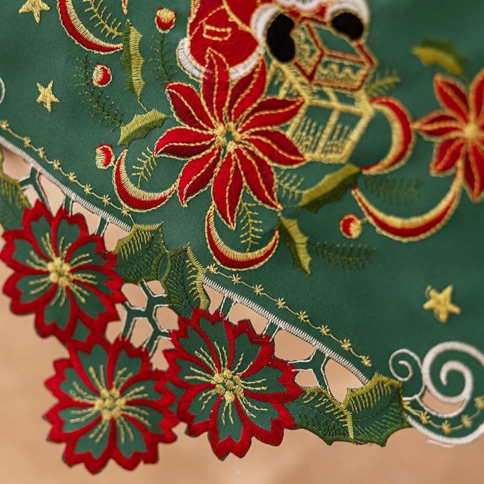 Joyfol Day Christmas Embroidered Green Table Runner 14 x 69 Inch, Cutwork Poinsettia Holly Leaves Santa Claus Table Runners, Tabletop Decoration for Winter Holiday Xmas/Dinner Party
