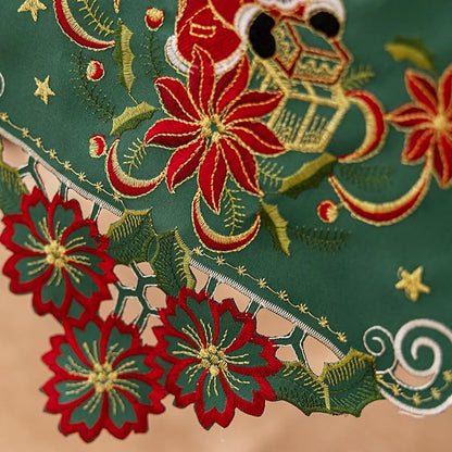 Joyfol Day Christmas Embroidered Green Table Runner 14 x 59 Inch, Cutwork Poinsettia Holly Leaves Santa Claus Table Runners, Tabletop Decoration for Winter Holiday Xmas/Dinner Party